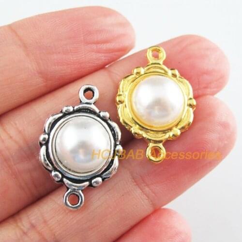 18Pcs Tibetan Silver Tone & Gold Color Retro White Acrylic Round Flower Charms Connectors 15x23mm