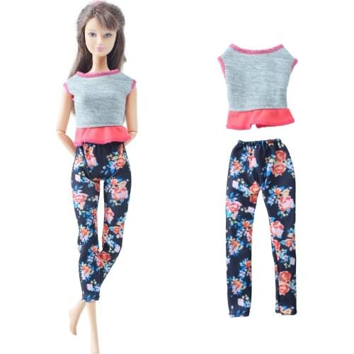 BJDBUS Fashion Girl Doll Yoga Outfit Grey Shirt Top Flowers Pants Casual Daily Wear Homewear Clothes for Barbie Doll Accessories