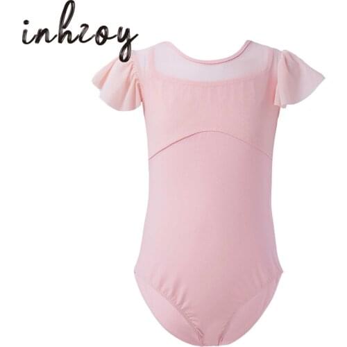 Kids Girls Gymnastics Leotard Ballet Leotards Dance Wear Cotton Mesh Sleeve Patchwork Bowknot Hollow Back Dance Leotard Jumpsuit