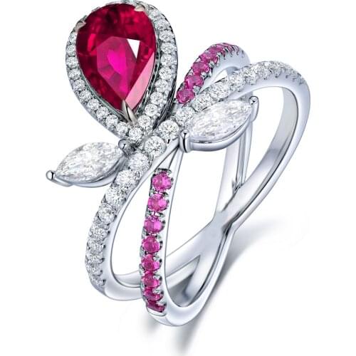 Huitan Elegant Cross Ring with Big Water Drop Rose Red/Blue CZ Stone for Women Wedding Party Gorgeous Ring Jewelry Delicate Gift
