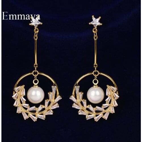 Emmaya Sparkling Design Gold Zirconia Long Earring Female Fashion Trend Decoration Star Shape With Pearl Jewelry In Banquet
