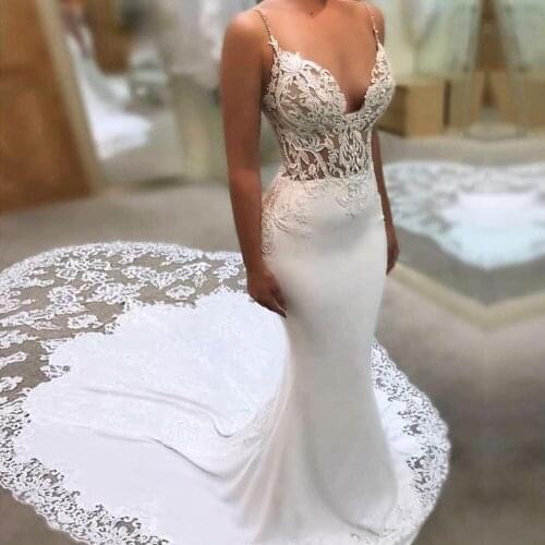 Spaghetti Straps Lace Appliques Mermaid Wedding Dress 2020 Sexy See Through Tulle Bridal Gowns Custom Made Satin Robe De Mariee