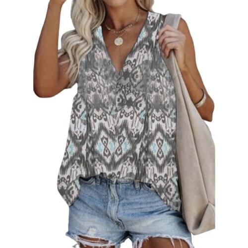 Summer Print Sexy Sleeveless Tank Top Women T Shirt Elegant V-neck Pullover Tops Casual Loose Vest Tee Shirt