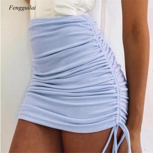 Fashion Ribbed Bodycon Elastic High Waist Skirt Drawstring Mini Skirt Women Asymmetrical Ruched Summer Skirts Bottom
