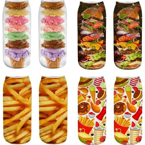 2019 New Hamburger Fries Print 3D Socks Women Kawaii Cartoon Low Cut Ankle Socks Femme Girls Funny Socks Meias Christmas Gift