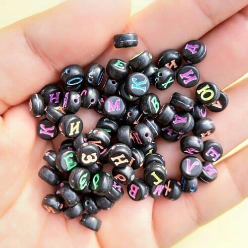 New Arrival Round Acrylic Russian Letter Beads 4*7MM Coin Shape Black with Neon Colors Russian Alphabet Printing Plastic Beads