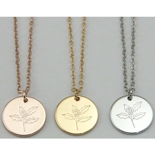 Personalized Disc Holly Flower Pendant Necklace Custom Engraved Birth Flower Necklace Jewelry