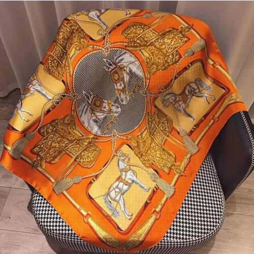 2021 New Kerchief Fashion 90X90CM Square Bandana Summer Sunscreen High-Grade Satin Shawl Female Fine Carriage Print Silk Scarf