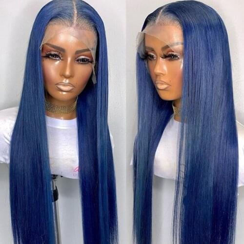 Blue Straight Lace Front Wig Pre Plucked Human Hair Wigs 180% Density Brazilian Remy Hair Navy Blue Lace Wigs for Black Women