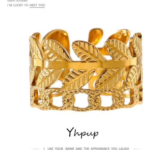 Yhpup Chic Plant Leaf Open Ring Stainless Steel Jewelry Charm Metal Texture Anillos Mujer Accessories бижутерия для женщин 2021