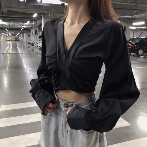 Deep V Neck Sexy Top Blouse Long Sleeve Women Tee Shirt Evening Party Clothes Autumn Cropped Tops 2021 New Elegant
