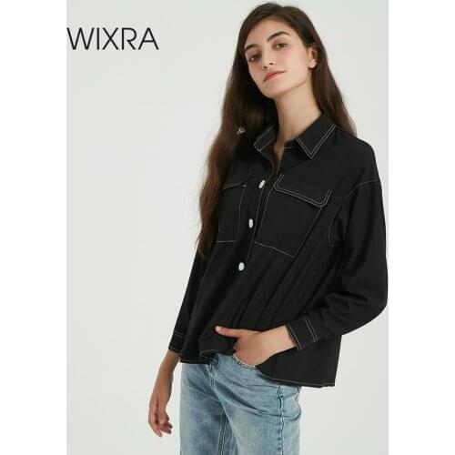 Wixra Women Stylish Blouse Ladies Pockets Long Sleeve Casual Loose Shirts 2019 Autumn Spring Tops Ladies Clothing