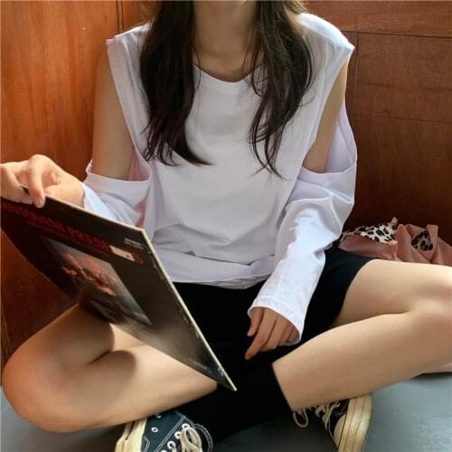 Womens T-shirt Autumn Korean Style Minimalist Leakage Shoulder Cotton Pullovers Tops Casual Cotton Tees 2020