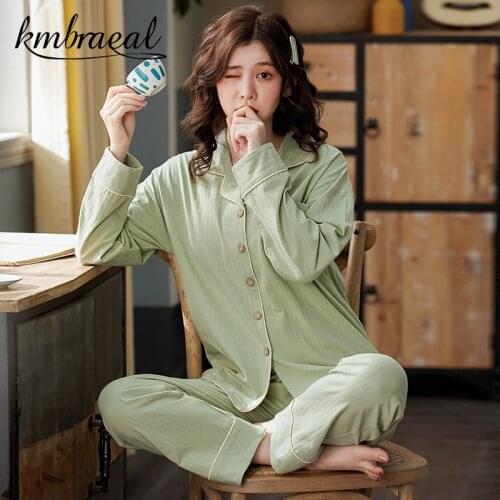 Women Pajamas Sets Autumn 100% Cotton Sleepwear Solid V-Neck Pyjama Female Casual Homewear Long Sleeve Trousers Plus Size 3xl