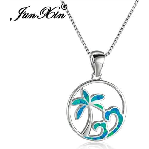 Cute Coconut Tree Pendant Blue Fire Opal Necklaces For Women Silver Color Rainbow Birthstone Wedding Party Engagement Choker
