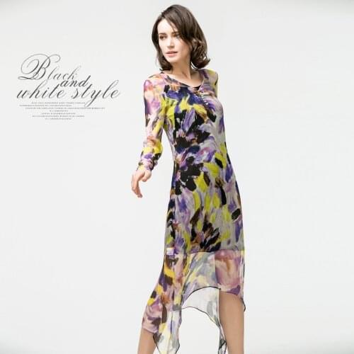 2017 Pure Silk Print Plus Size Dress 100% Mulberry Silk Women Long sleeve Loose One-piece Dresses S M FREE SHIPPING