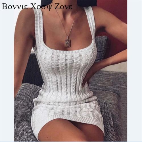 Women Square Neck Braided Thick Strap Sweater Dress Plain Chic Bodycon Mini Dresses