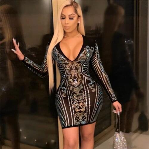 Rhinestones Women Crystal Mini Dress Patterns Night Club Wear Party Mesh Bodycon Dress V neck long sleeve ladies chic sexy dress