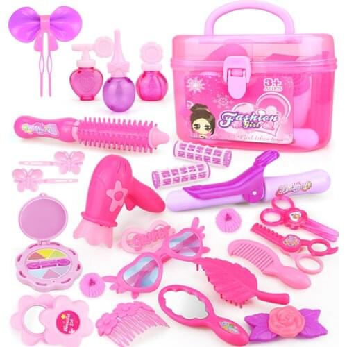 1set Girls Cosmetic Toy Pretend Play Pink Make Up Tool Kit Princess Hairdressing Simulation Make Up Toy For Girls Kids