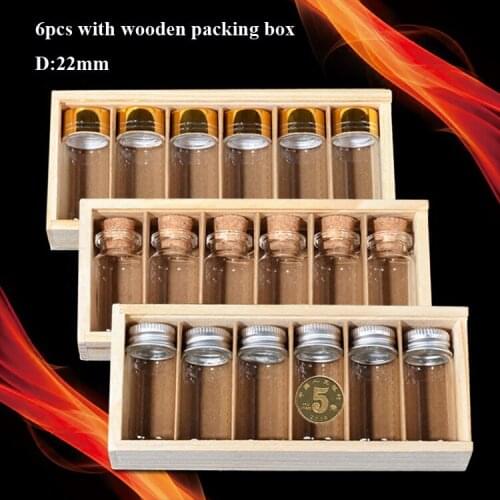6pcs/set 4sets 22mm DIY clear glass wishing bottle with cork cap/aluminum lid/plastic cover & wooden packing box gift decoration