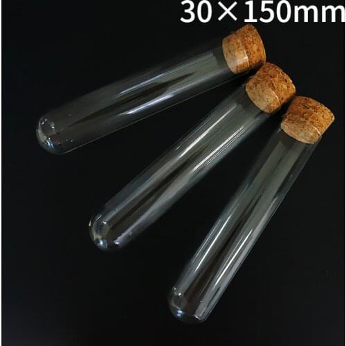 6pcs/lot 30x150mm Transparent Glass Round Bottom 90ml Test Tubes with Cork Stopper for School/Laboratory Glassware