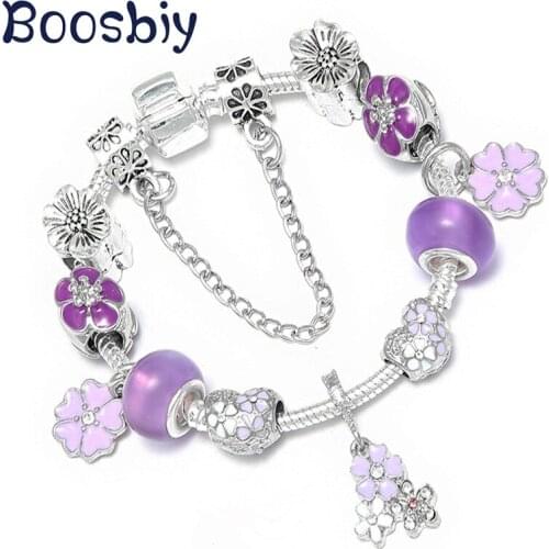 Boosbiy High Quality European Style Charm Bracelet DIY Crystal Purple Flower Beads Fit Brand Bracelets for Women Jewelry Gift