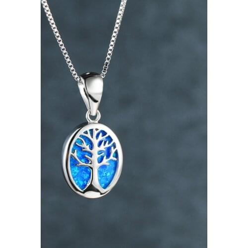 Geometric Tree of Life Pendant Necklace Blue Opal Stone Wedding Necklace 925 Sterling Silver Chain Necklaces For Women Jewelry