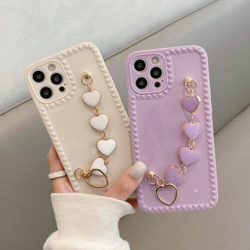 Korea 3D Love Heart Metal Bracelet Wrist Chain TPU Phone Case for Samsung A32 52 72 12 51 71 30S 50 70 11 02 S20 Plus Note 10 20