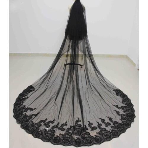 Real Picture Two Layers Sequins Lace Edge 3 Meters Black Long Wedding Veil with Comb 2T Bridal Veil Custom Made