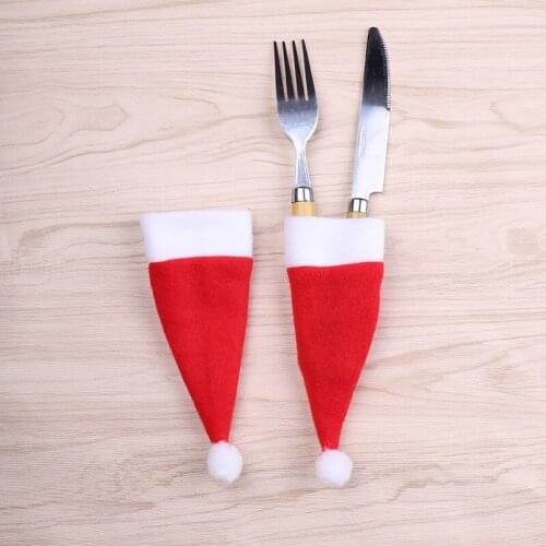 10pcs Christmas Hat Tableware Holder Bag Fork Knife Spoon Pocket Red Santa Hat Cutlery Holder Table Decor Christmas Decorations