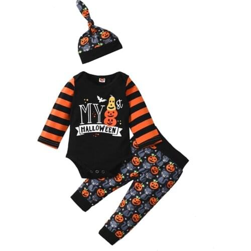3Pcs Halloween Baby Girls Boys Outfit Set Pumpkin Letter Printing Long Sleeve Round Collar Romper + Long Pants + Cap Party Suit