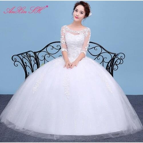 AXJFU princess lace white wedding dress party vintage boat neck half sleeve sparkly turkey illusion ball gown wedding dress
