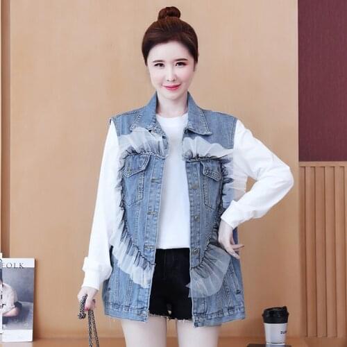 2021 Summer New Women Vest Mesh Patchwork Perspective Denim Womens Vest Jackets Casual Fashion Short Vests Coats