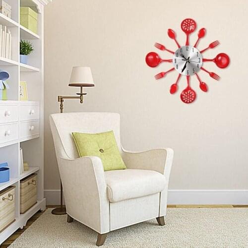 Metal Kitchen Cutlery Wall Clock 14 Inch with Fork Spoon 3D Non Ticking Quartz Watch Clock for Bedroom Home Decor