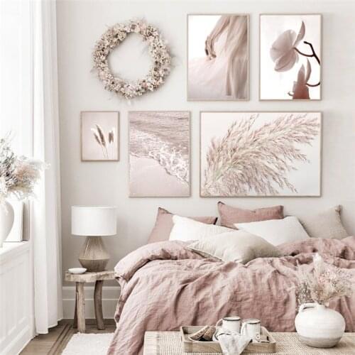 Canvas Painting Wall Art Poster and Print Modern Pink Flower Grass Landscape Picture for Home Decor for Living Room Wall Design