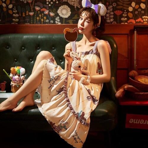 Night Dress Women Nightgown Cartoon Printing Homewear cute kawaii Sling Nightdress Cotton Nightwear Pyjamas Lolita Princess