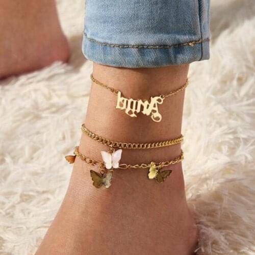 New Fashion Butterfly Anklet Set For Women Layered Chain Anklet Foot Bracelet Ankle Beach Bohemian Jewelry Girl Accessories