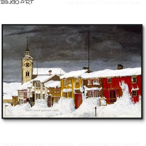 Professional Artist Hand-painted High Quality Street in Roros in Winter Oil Painting on Canvas Winter Street Landscape Painting