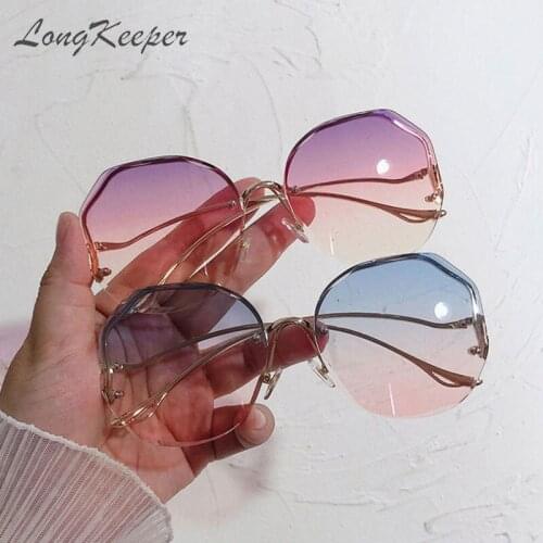 LongKeeper 2021 Fashion Gradient Sunglasses Women Ocean Cut Trimmed Lens Metal Sun Glasses Female Rimless Goggles UV400