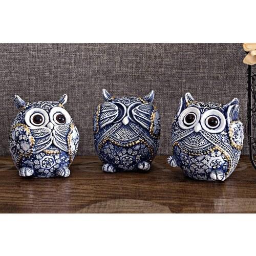 Owl statue with different gestures, cute owl statue, cute decorated home office bauble set 3, blue