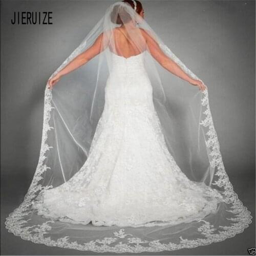 JIERUIZE Bridal Wedding Veil with Appliques Edge 2020 Tulle Long Cathedral Wedding Veil Bridal Veil with Comb veu de noiva
