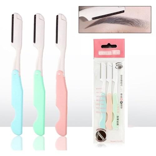 3PCS Eyebrow Trimmer Portable Eyebrow Comb Brow Shaper Shaping Scissors Folding Brow Razor Blades Hair Remover Women Makeup Tool