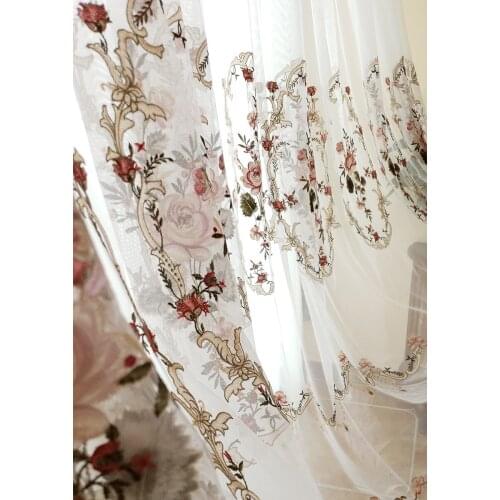 Embroidered European Style Tulle Red Large Flower Villas and French Curtains Luxury American Bedrooms High-end Embroidered Tulle