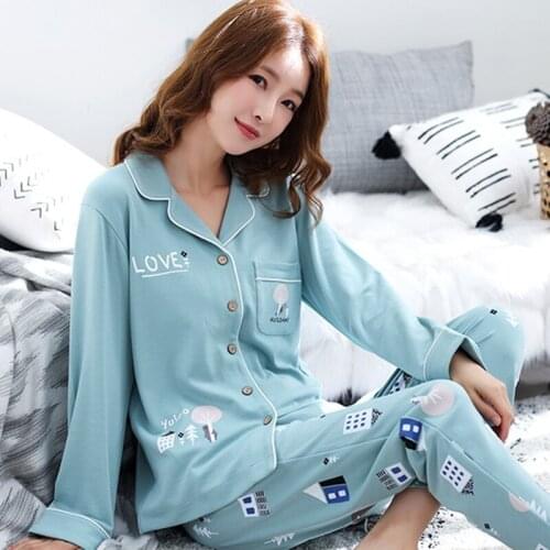 Spring Autumn Women Cotton Long Sleeve Pajama Set Loose Print Pyjamas Sexy Sleepwear 2 Piece Set Female Homewear Loungewear 1077