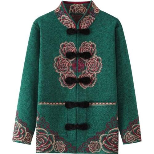 Large Size Grandma Clothes Vintage Embroidery Wool Cardigans Coat Winter Thicked Warm Sweater Elderly Women Knitwear Tops Y2134