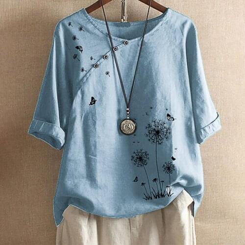 Elegant Ladies Cotton Linen Blouse Shirt Women Flower Butterflies Print Button Half Sleeve Shirt Top Loose Plus Size Blouse Tops