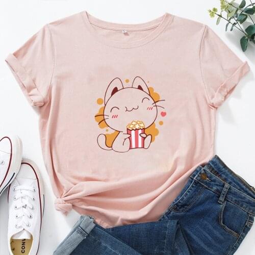 Cat Who Loves Popcorn Graphic T Shirts Women Fashion Harajuku Cute Camisetas Mujer Cotton O-neck Short-sleeved T-shirt Women