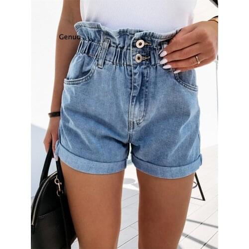 Female Denim Shorts, Solid Color High Waist Jeans Close-Fitting Shorts for Women, Dark Blue/Light Blue
