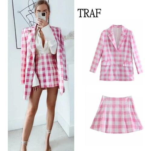 TRAF Za 2021 Two Piece Set Women Pink Plaid Vintage Suit Blazer+High Waist Pleated Mini Skirt Woman Long Sleeve Coat Chic Set