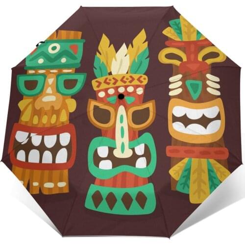 Wind Resistant Fully-Automatic Umbrella Colorful Ethnic Masks Rain 3 Folding Parasol Travel Car Umbrella